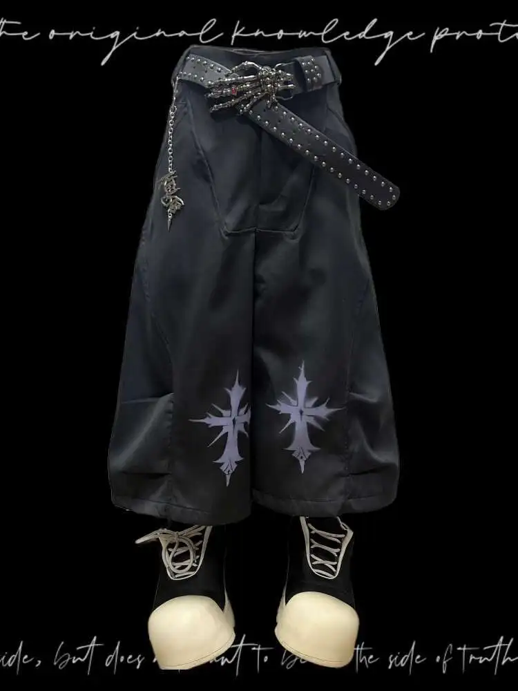 Man Women Gothic Punk Jeans Black Pleated Cropped Denim Pants Unisex Punk Rock Style American Summer Wide Leg Shorts