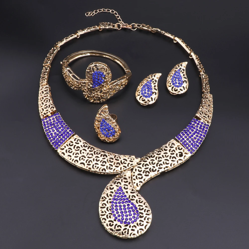 Dubai Gold Color Women Jewelry Sets Classic Design Water Drop Necklace Earrings Bracelet Ring Banquet Party Jewelry Gold Plated