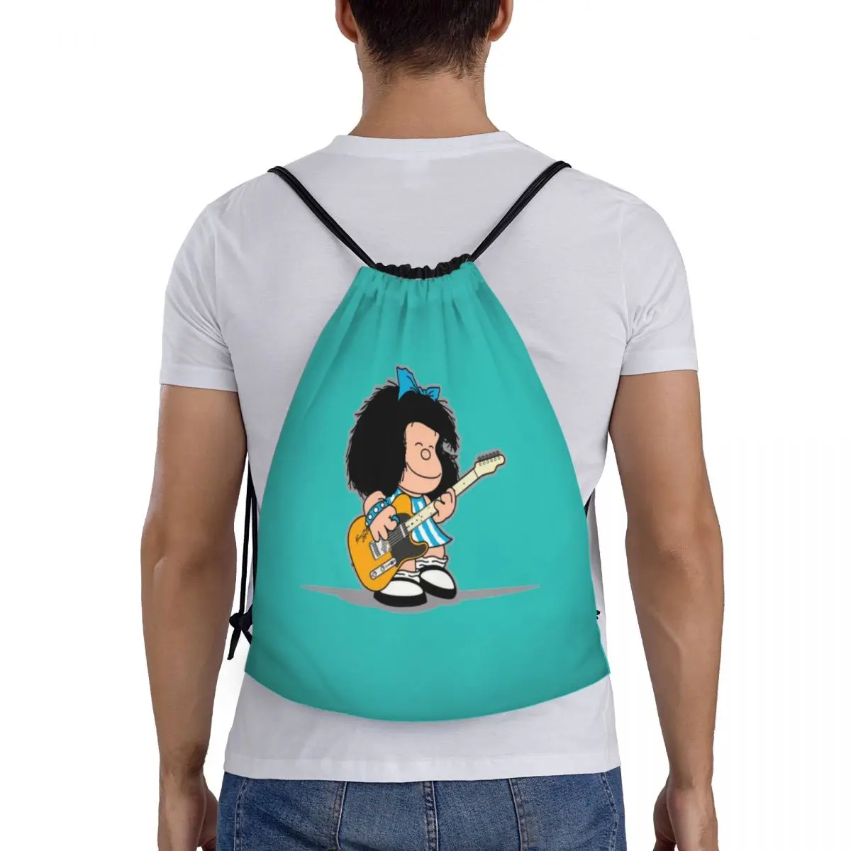 Custom Mafalda Playing Her Guitar Drawstring Backpack Women Gym Sport Sackpack Portable Quino Kawaii Cartoon Shopping Bag Sack