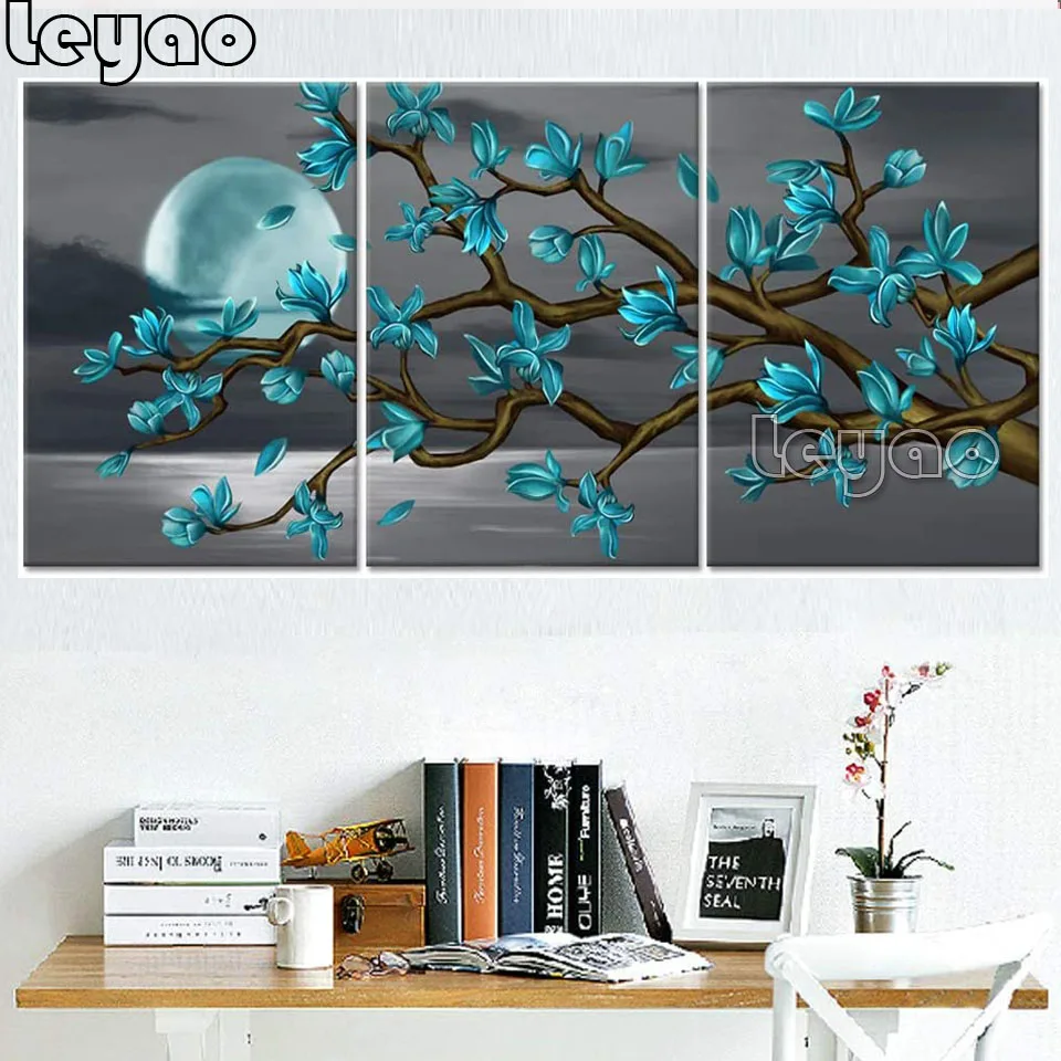 

Blue flowers seascape 3pcs Full Square round drill 5D DIY Diamond embroidery Blue Sea Moon Diamond Painting Cross Stitch