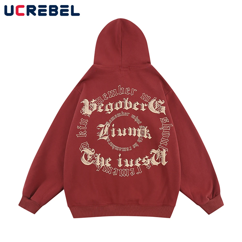 Letter Double-sided Printed Hooded Sweatshirts Mens Autumn Winter Loose Long Sleeve Streetwear Casual Fleece Zipper Outerwear