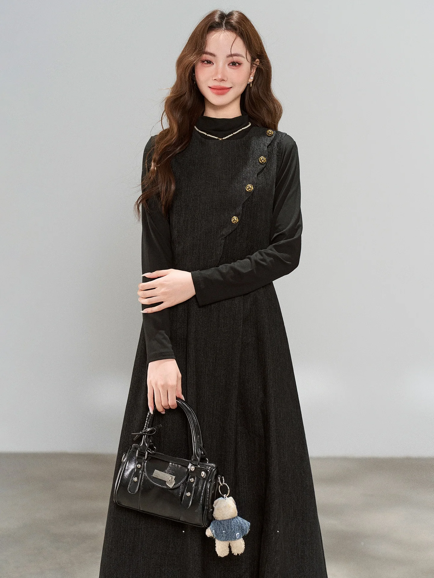 

Fall Winter f High Ne Base irt Inner Wear Fake Two-Piece Strap Dr Set Women's Faion Korean Sle Casual Wear