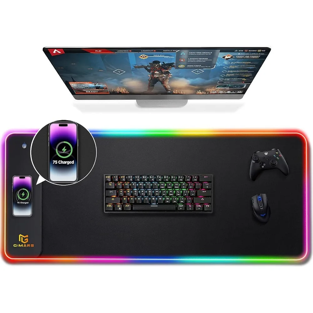 Wireless Charging RGB Gaming Mouse Pad with 10 Light Modes, Large Smooth Surface, Non-Slip Mat for Gaming and Office