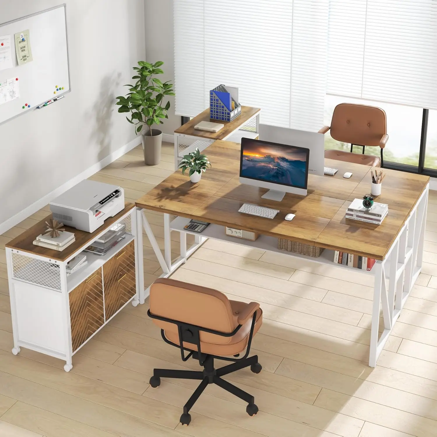63-inch Large Office Desk with Cabient Set, L Shaped Computer Desk with Mobile Drawers File Cabinet, Executive Desk for Home Off