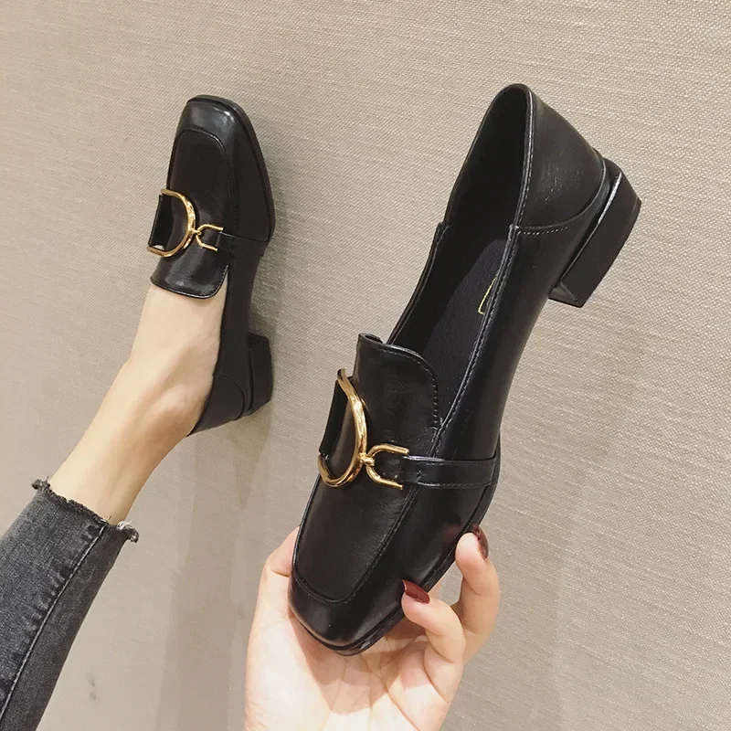 British Style Leather Shoes for Women Square Toe Slip on Loafers Low Heel Shallow Single Shoes Vintage Metal Buckle High Heels