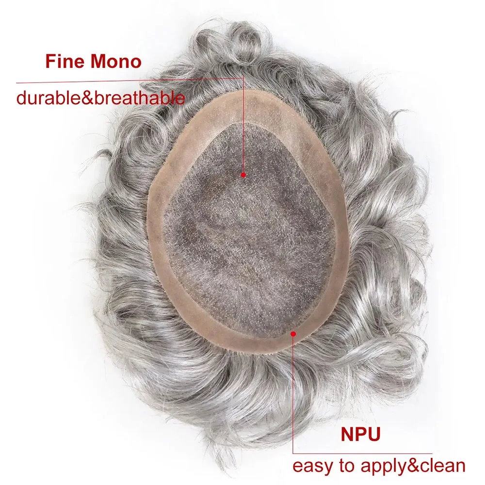 #580 Human Hair Toupee for Men Sliver Grey Mens Hairpiece Fine Mono with NPU Hair Replacement System Wave Male Wig Patch 8x10