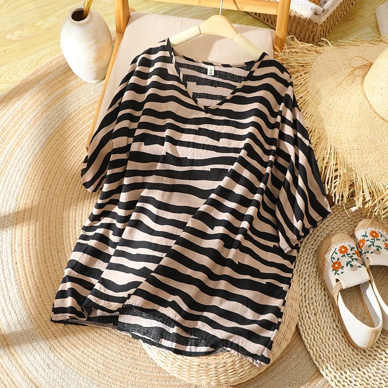 芸術的な大きいサイズの女性用コットンリネンTシャツVネバットウィングSve非対称サマートップカジュアル通勤Sleスリムフィット
