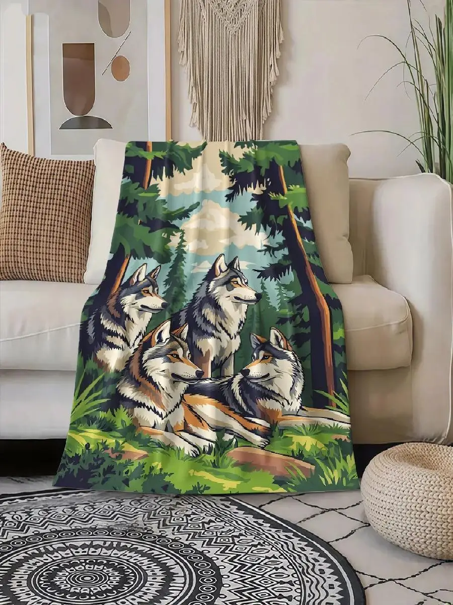 pc Wolf Family Pattern Flannel Blanket  Cozy AllSeason Soft Bedspread with Wolf Pack Design Contemporary Style MultiUse