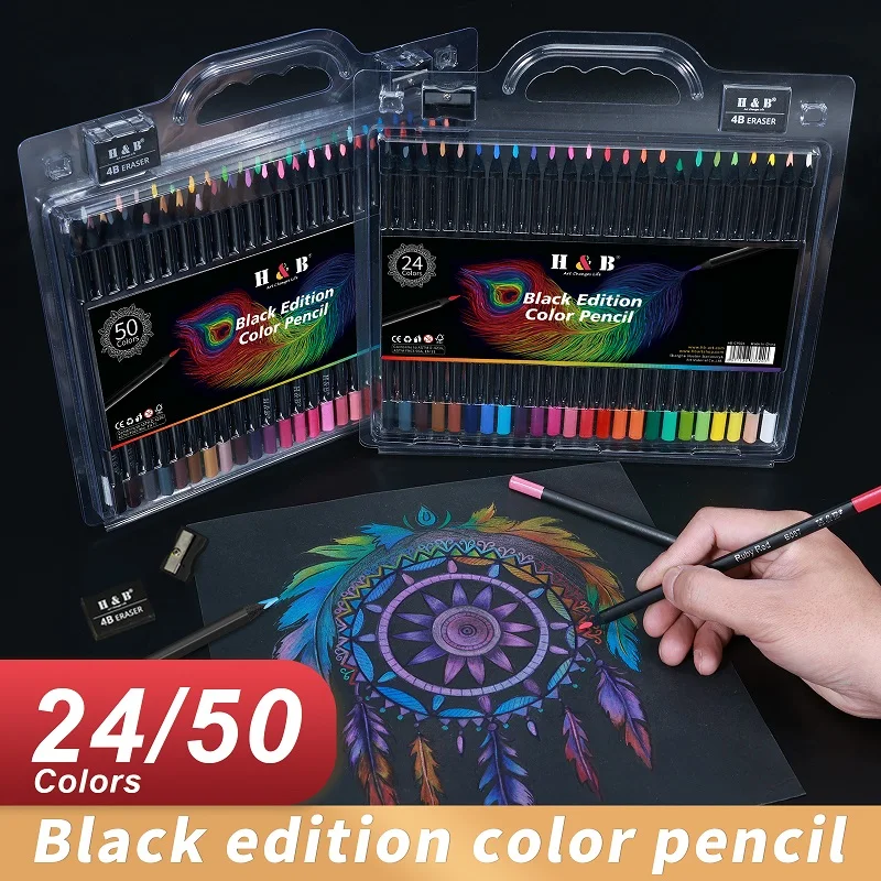 Conjunto de Lápis de Cor de Arte Sortida H&b 24 50 72 Peças à Base de Óleo de Madeira Preta 3.3 mm Artistas Profissional Kit de Coloração para Adultos com Núcleo Macio