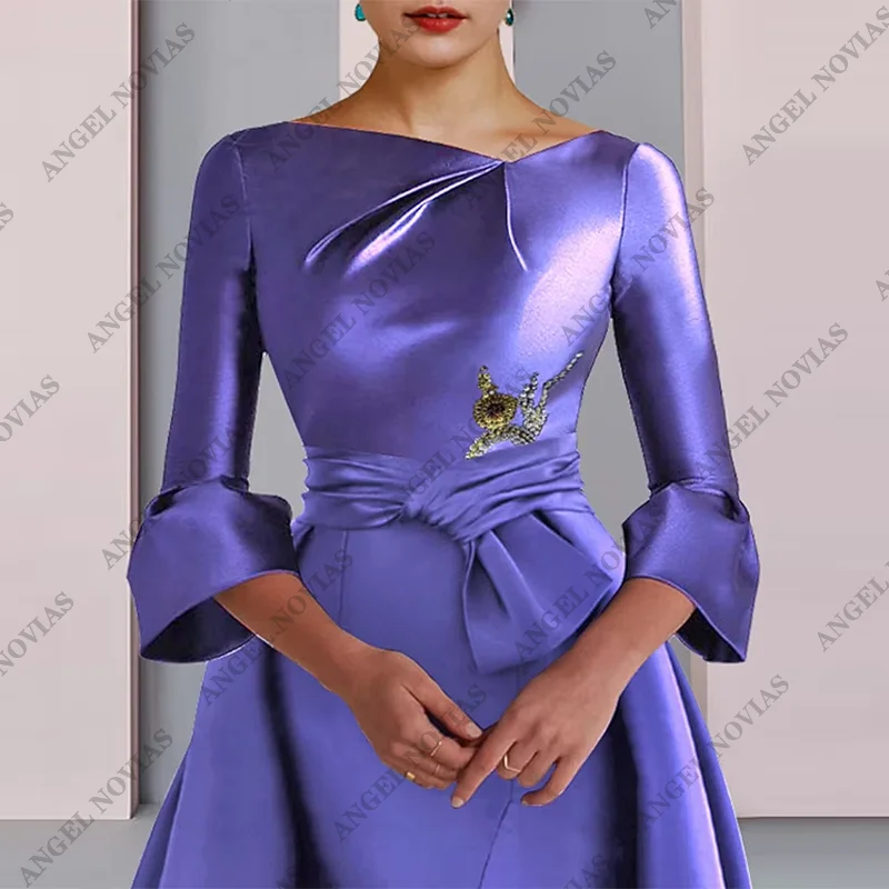 Vestido de madre de la novia personalizado, corte en A, Formal, elegante, para fiesta, cuello redondo, largo hasta el suelo, satén, manga 3/4 con lazo