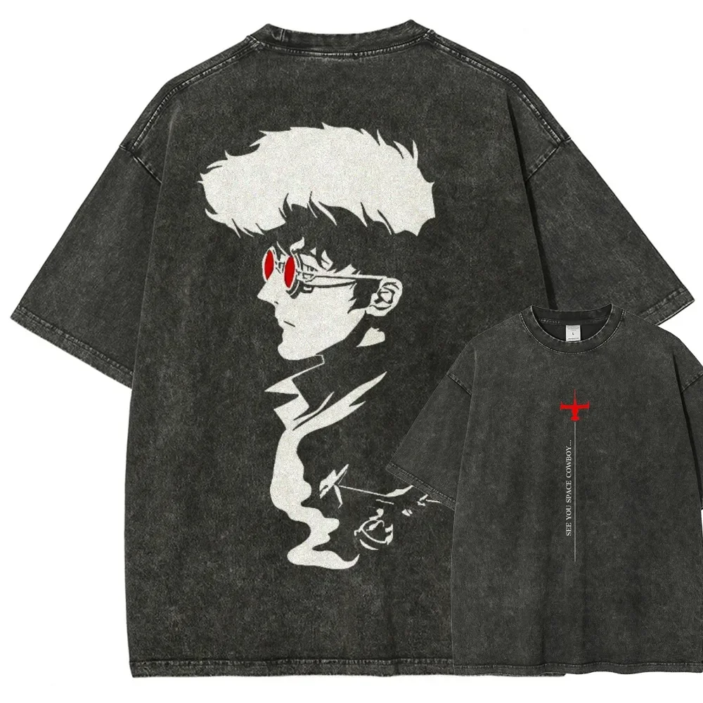 Cowboy Bebop Spike Spiegel Printed Tee Men Women Washed Cotton T-shirts Manga Vintage T Shirt Harajuku Male Short Sleeve Tshirt