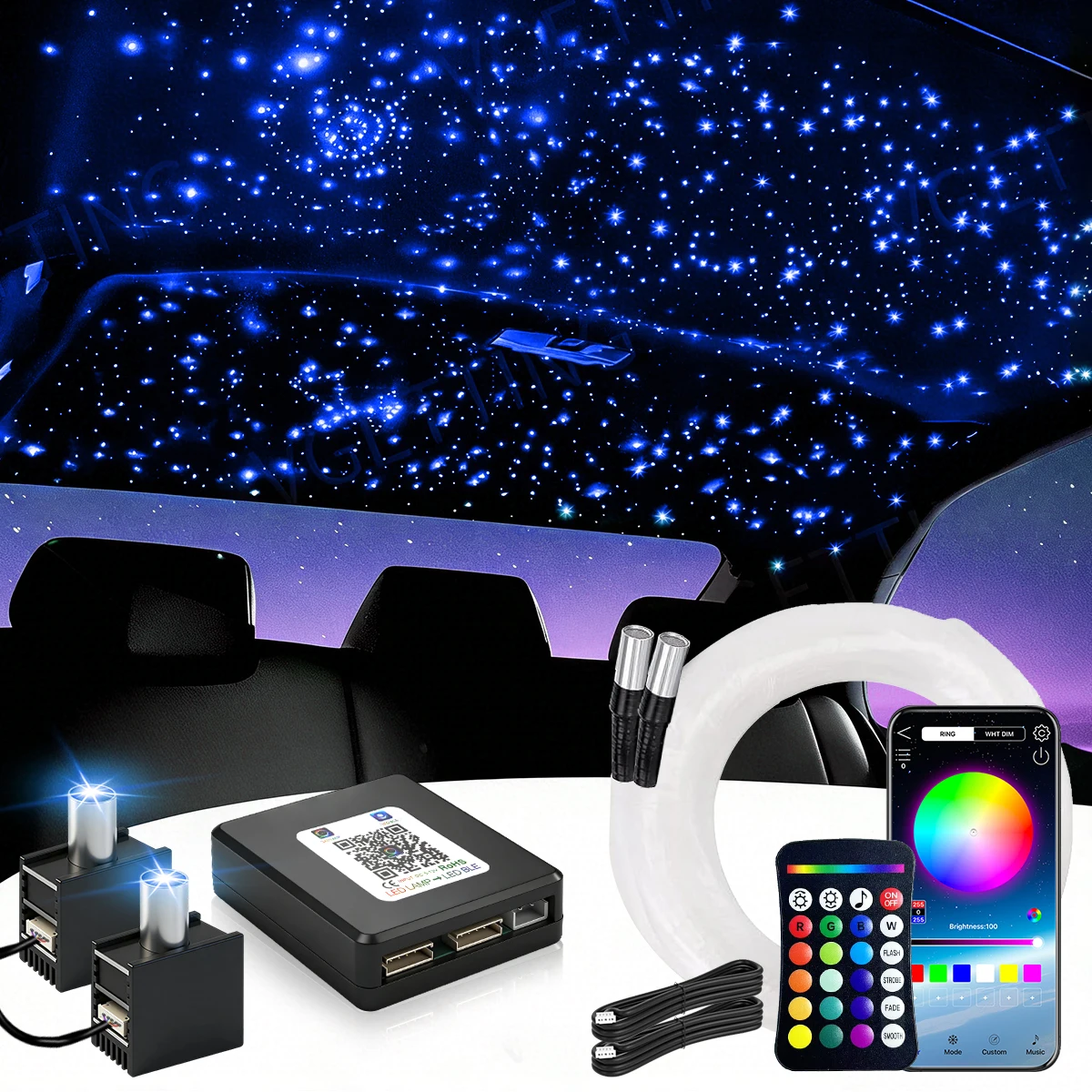 

Комплект оптоволоконных RGBW-светильников Starlight 16W для потолка автомобиля, 1/2 световых головок, управление через приложение/пульт ДУ