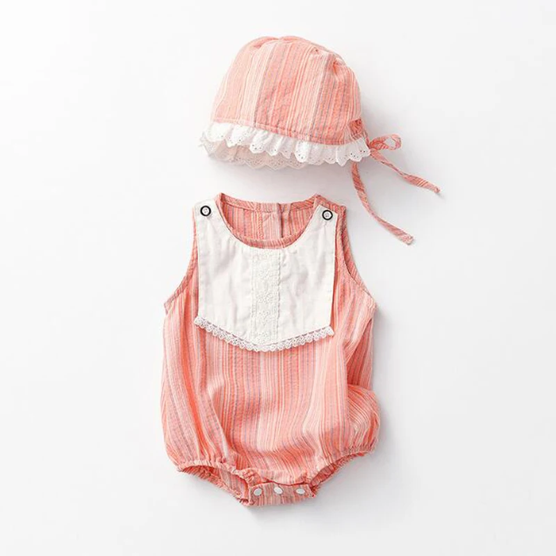 

Newborn Kids Baby Girls Stripe Jumpsuits Clothes + Hat Infant Summer Kids Baby Girls Sleeveless Rompers Children Rompers