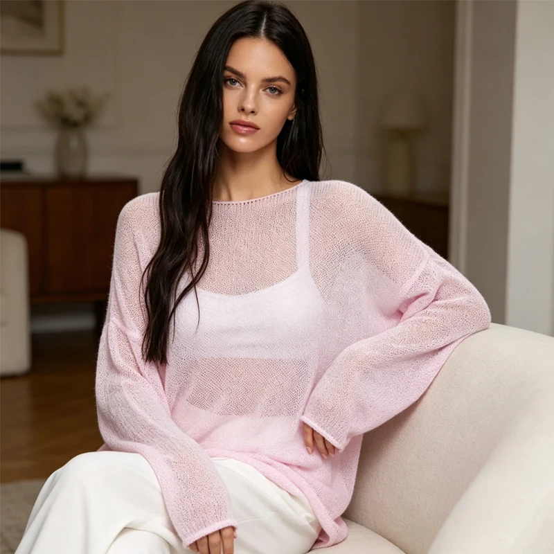 Classic Simple See Through Sun-protective Clothing Summer Thin Loose Pullover Tops Sexy O Neck Long Sleeve Knitted T-shirt