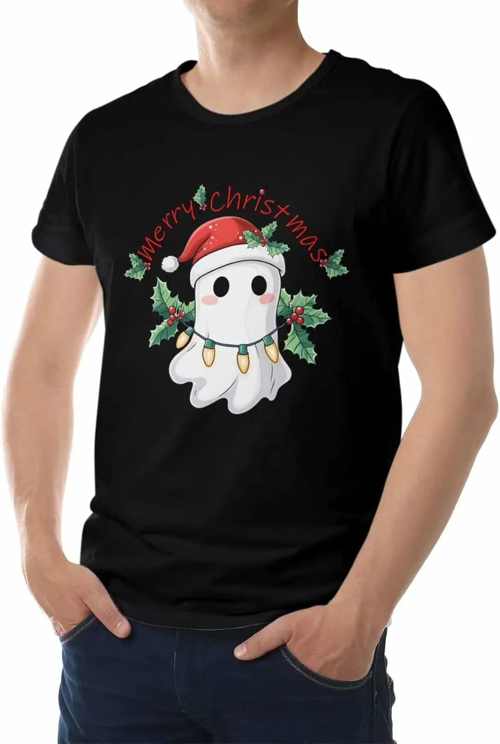 

Novelty Graphic T-Shirt Merry Christmas Ghost Holly Leaves Cotton Crew Neck Men's Short Sleeve Basic Tshirts
