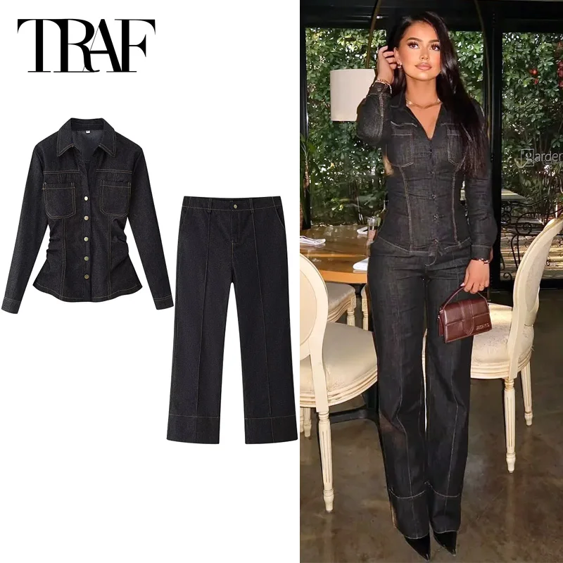

TRAF Denim Pants Set For Women's 2 Pieces 2025 Slim Long Sleeve Shirts&Blouses Flare Pants Fashion Casual Trousers Set Outfit