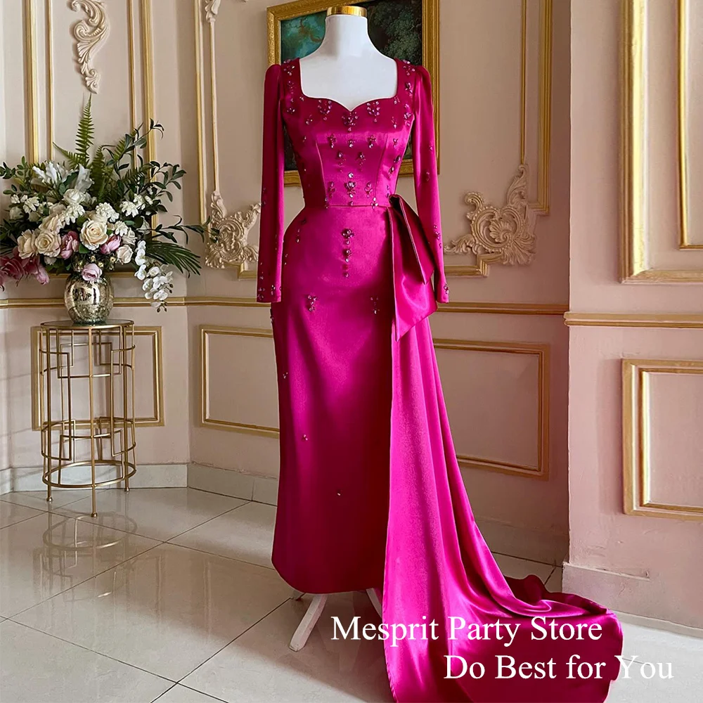 Saudi Evening Dress Fuchsia Mermaid Party Gown Sweetheart Long Sleeve Crystal Stones Ankle Length Formal Dresses for Weddings