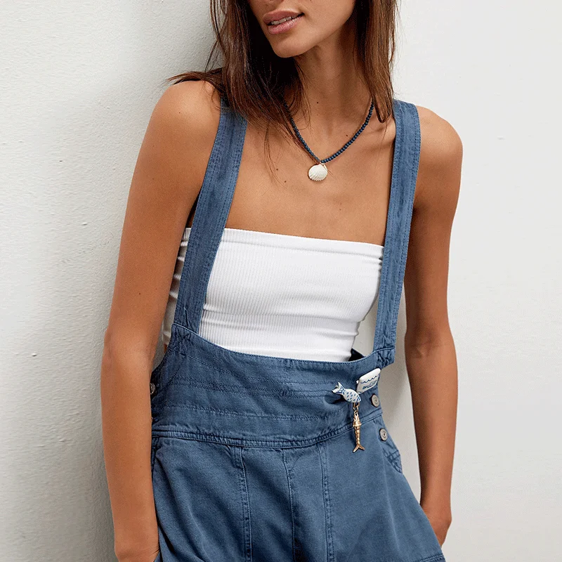 Overall Denim Tanpa Lengan Kasual Longgar Jeans Longgar Kancing Samping Wanita Romper Satu Potong Pakaian Jalanan Jumpsuit Kaki Barel Hitam