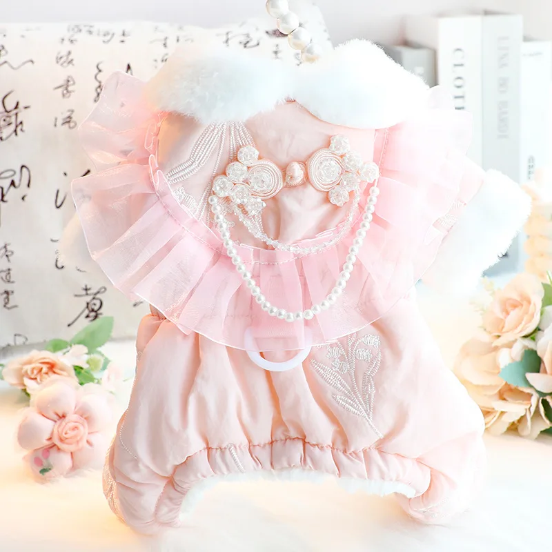 

Новая осенне-зимняя одежда для собак, утолщенное теплое хлопковое пальто для собак с воротником из искусственного меха, одежда принцессы для маленьких собак