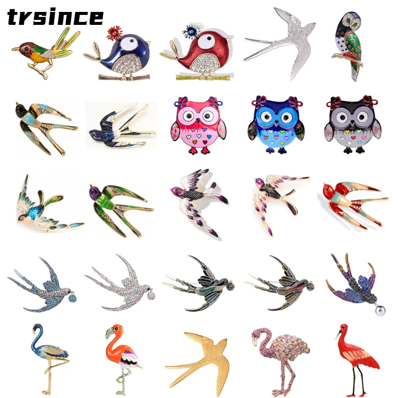 trsince Enamel Crystal Brooch Pins for Women Men Bird Owl Swallow Brooches Jewelry Fashion Wedding Party Bijoux Best Gift