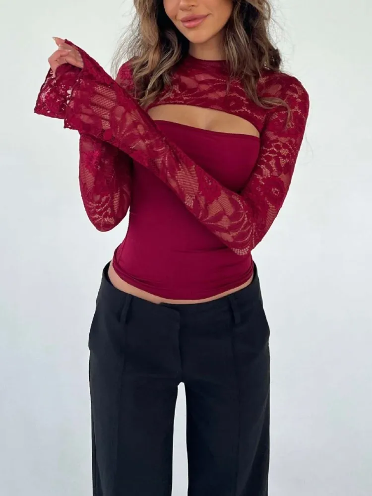 Women's Simple Solid Color Lace Versatile Top Spring Summer Sexy Slimming Personality Hollow Slim Flared Long-sleeved T-shirt