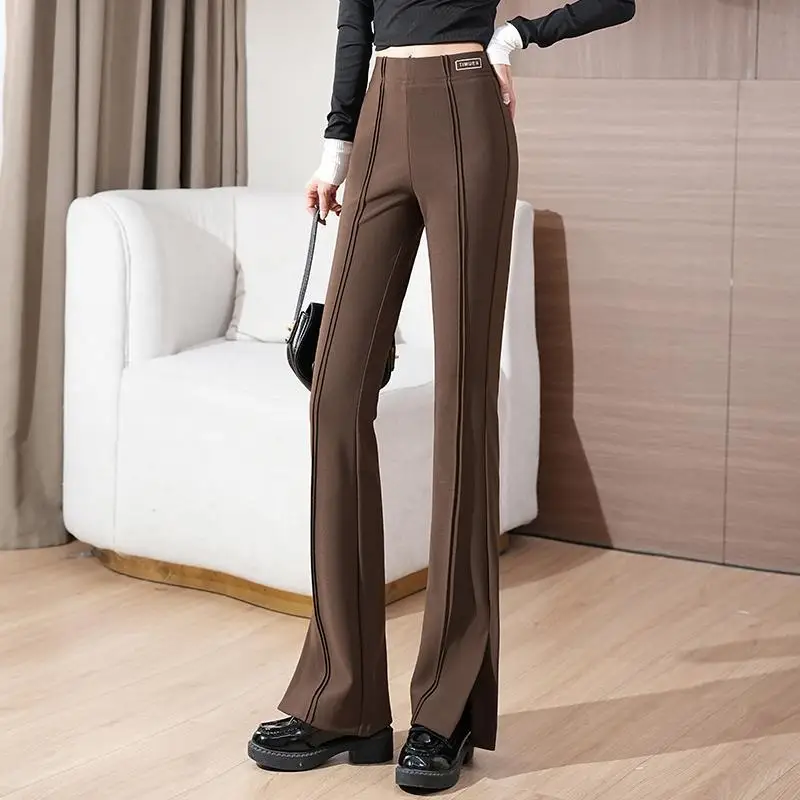 Spring Autumn Casual Fashion Solid Color Oversized Flare Pants Ladies High Waist Elastic Slim Vintage All-match Trousers Women