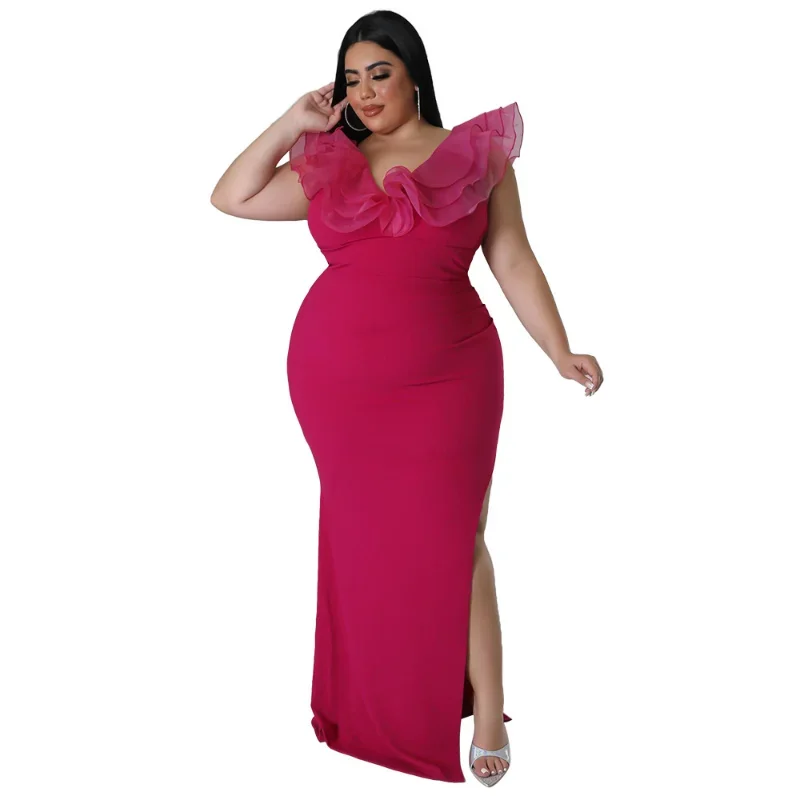 L-4XL Plus Size Women Clothing Party Dresses African Spring Summer Mesh Ruffles Bodycon Split Sexy Club Elegant Evening Dress