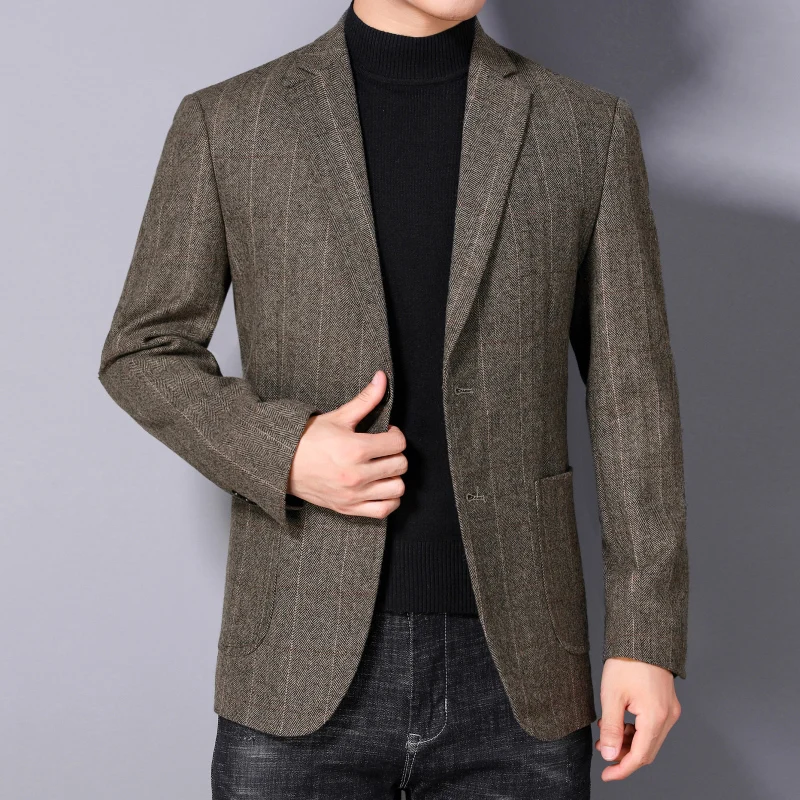 

Autumn Winter Men Sheep Wool Blazers Camel Gray Vertical Stripe Pattern Suit Jacket Male Cashmere Outfits Business Casual Look