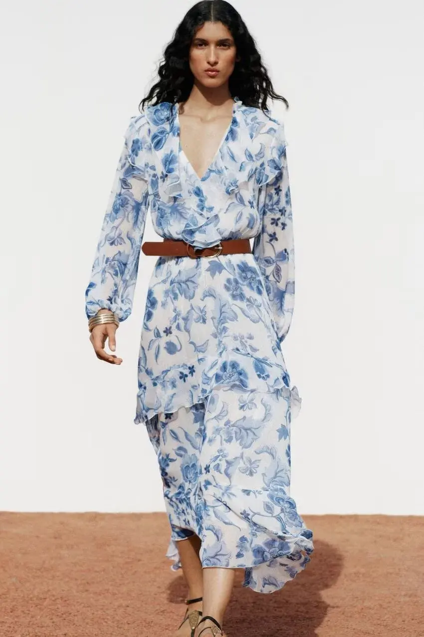 

BB6259 25 spring New Product Women's Wear with Belt Printed Long Sleeve V-neck Dress 3099246