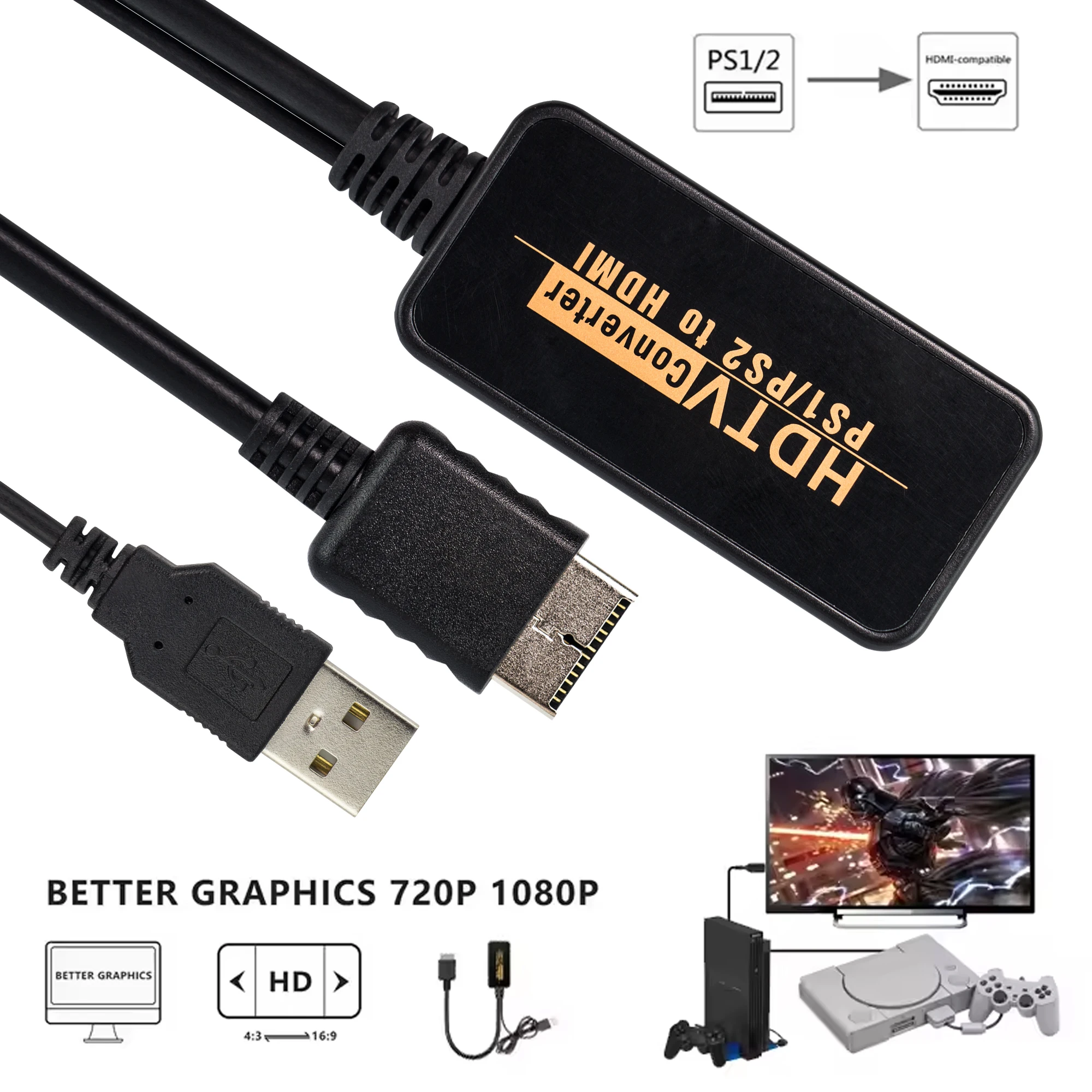 1080P PS1 to HDMI Converter Adapter For PS2 PS1 PlayStation 1/2 Game Consoles With USB Power Cord 720P 1080P HD Cable