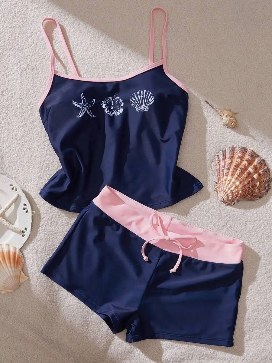 

Blue Women’s Two-Piece Swimsuit With Pink Trim, Starfish Hibiscus And Shell Embroidery, Spaghetti Strap Crop Top And Shorts