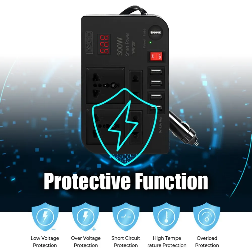 Overload Protection Car Inverter 4 AC Sockets 4 USB Ports ON/OFF Switch With Fuse 300W DC 12V to AC 220V Converter Power Adapter