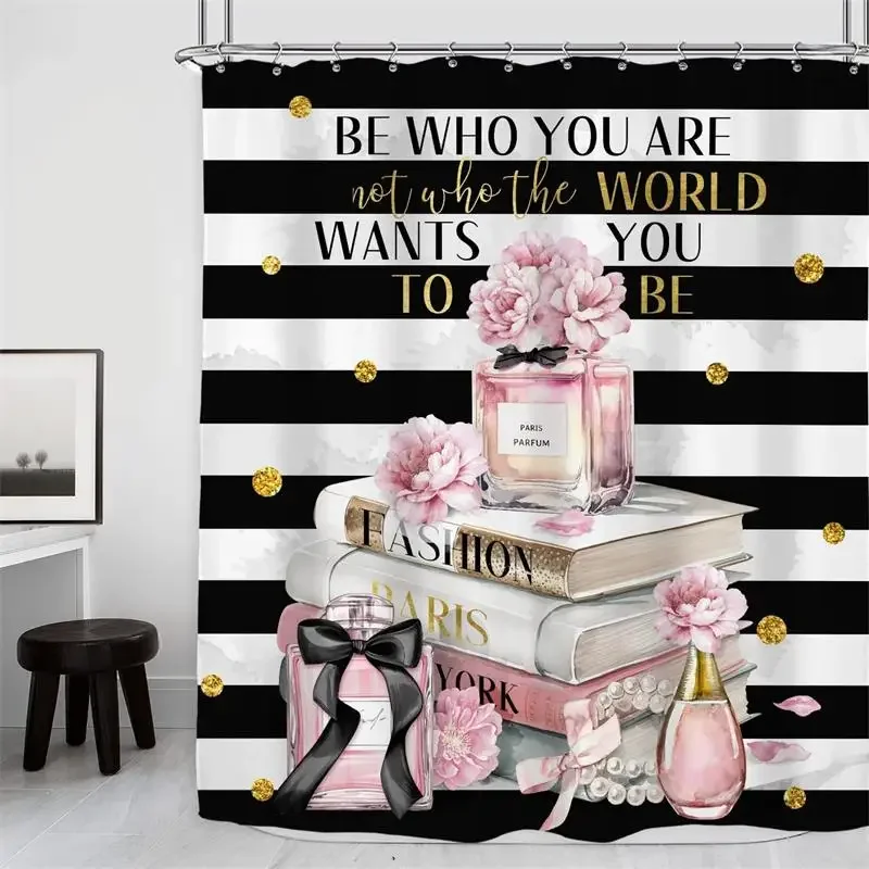 Fashion Perfume Shower Curtains Modern Magazine Books Black White Striped Pink Flowers for Girl Bathroom Decor Polyester Fabric