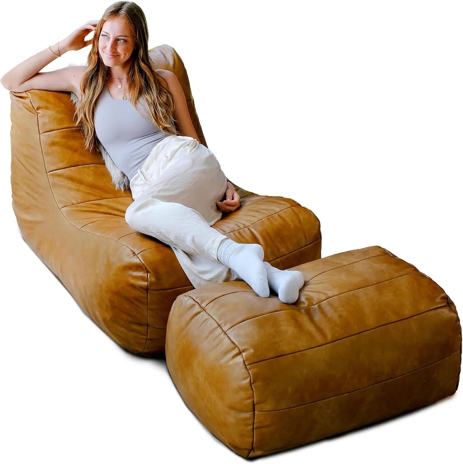 Bean Bag Chair Lounge Set With Ottoman Modern Upholstered Single Sofa Reclining Reading Armchair Accent Lounger Furniture Living Room Bedroom Copper