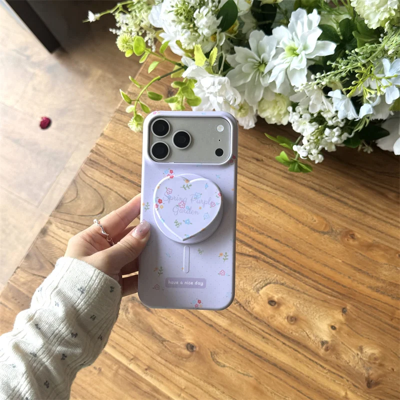

Light Purple Floral Phone Case For iPhone 17 16 15 14 Pro Max Magnetic Shaped Pop Socket Cute Aesthetic Protective Cover