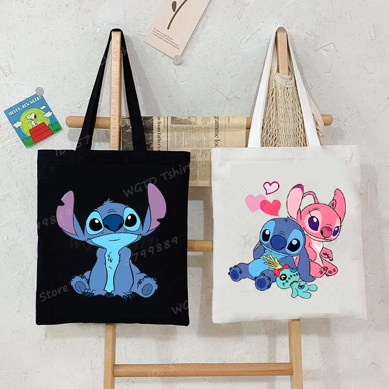 

MINISO Stitch Graphic Tote Bag Fashion Canvas Bags Harajuku Shopper Bag Cute Cartoon Stitch Handbags Women Shoulder Bags