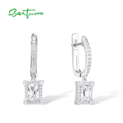 SANTUZZA 925 Sterling Silver Earrings For Women White Cubic Zirconia Classic Solitaire Wedding Daily Wear Fashion Fine Jewelry