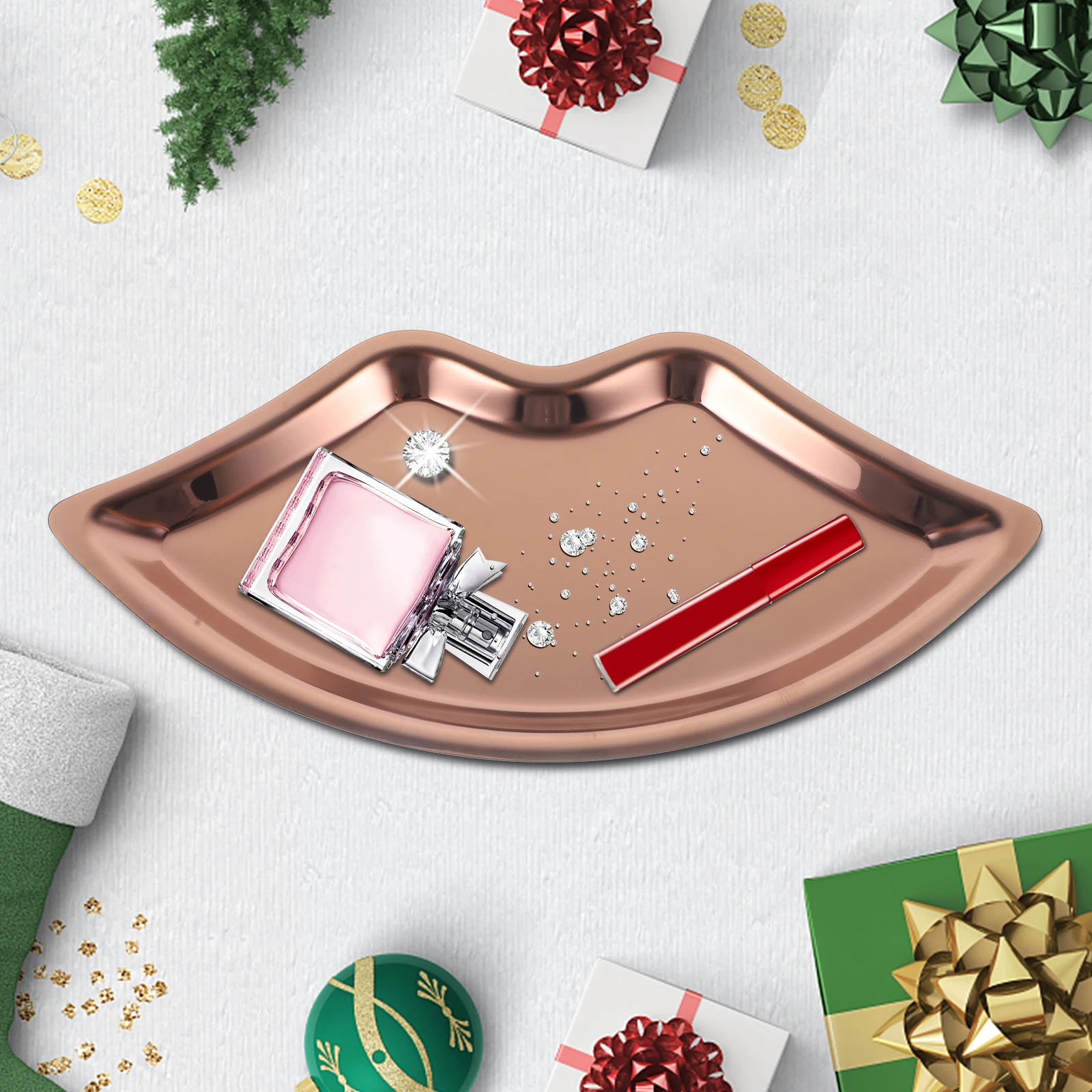 

Lip shaped Jewelry Tray Stainless Steel Rose Gold Key Dish Lipstick Perfume Storage Desktop Photo Prop Metal Ring Travel