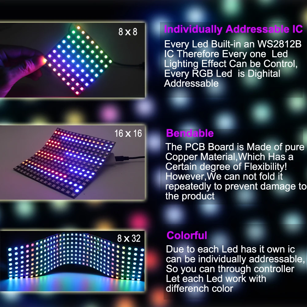 1 ~ 5 قطعة WS2812B وحدة بكسل الذكية مصفوفة 8x8 16x16 8x32 LED مرنة لوحة قابلة للعنونة بشكل فردي WS2812 RGB شاشة رقمية 5 فولت