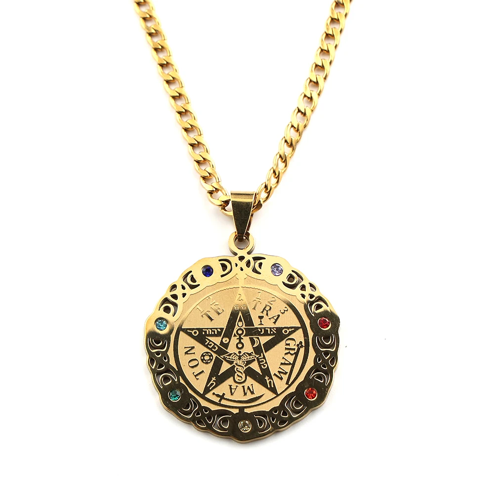 Tetragrammaton Pentagram 7 Chakra Jewish Necklace for Women Men Stainless Steel Triple Goddess Rhinestones Amulet Chain Jewelry - view 4