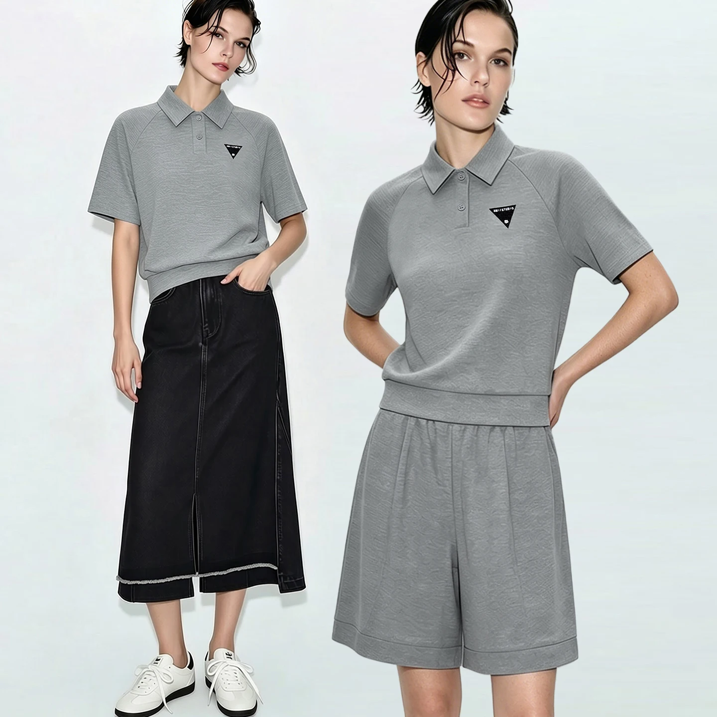 Amii Short Sleeve T-shirt 2026 Summer New POLO Neck Embroidered Top Casual Separate Shorts Breathable Woman Clothing 12622168