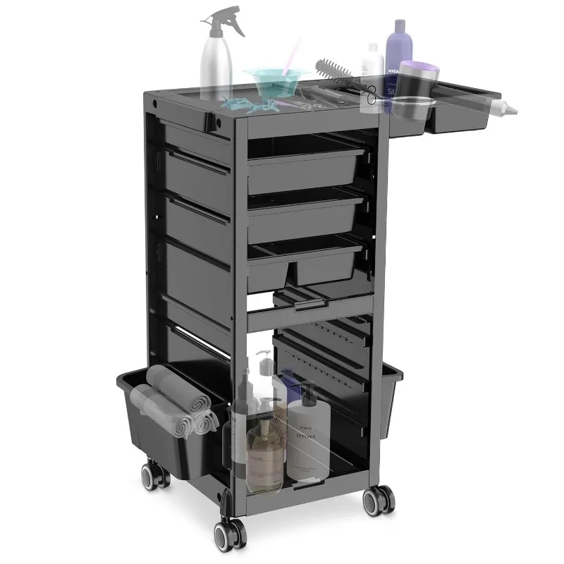 Salon Trolley Salon Cart on Wheels Rolling Salon Tray Large Storage Trolley W/Hair Dryer Holder, 4 Remove Drawers