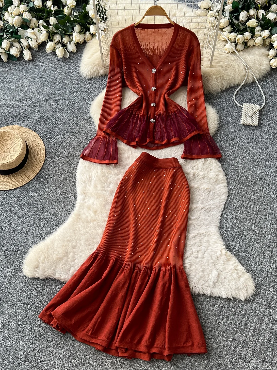 High Waist Half Skirt And Open Cardigan Knitted Set Women's Fashion Elegant Style with Lace Hemline Autumn Collection Two Pie...