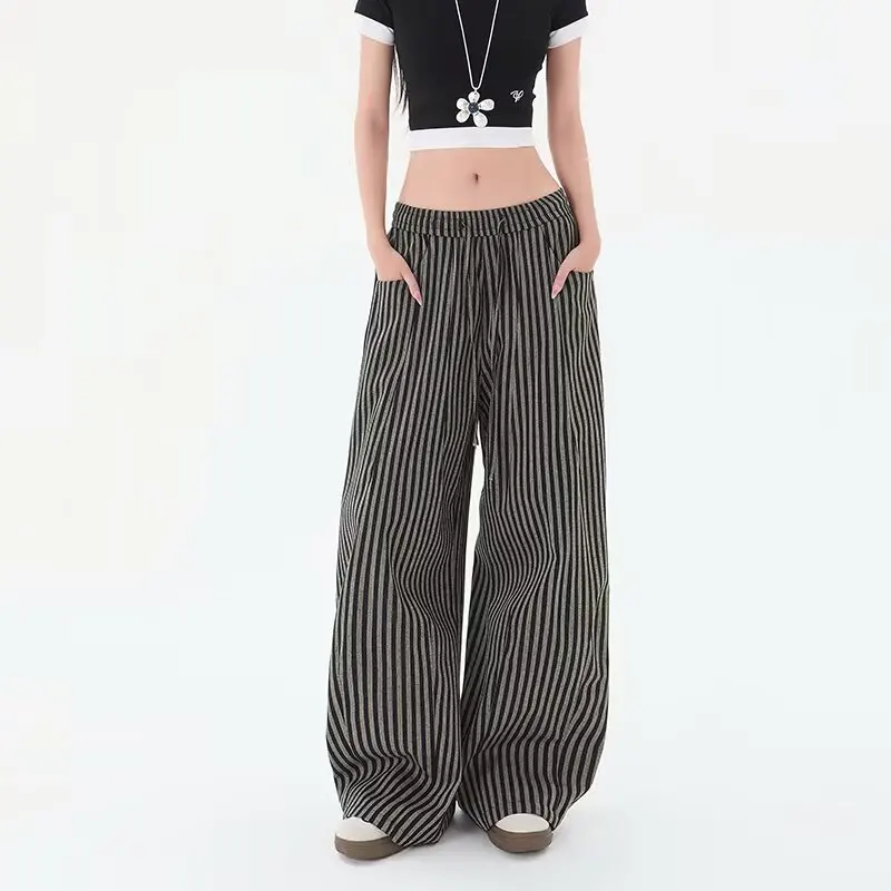 

Fashion Loose Stripe Print Women'S Pants 2025 Elegant High Waist Office Lady Wide Pants Casual Classic Trousers Female