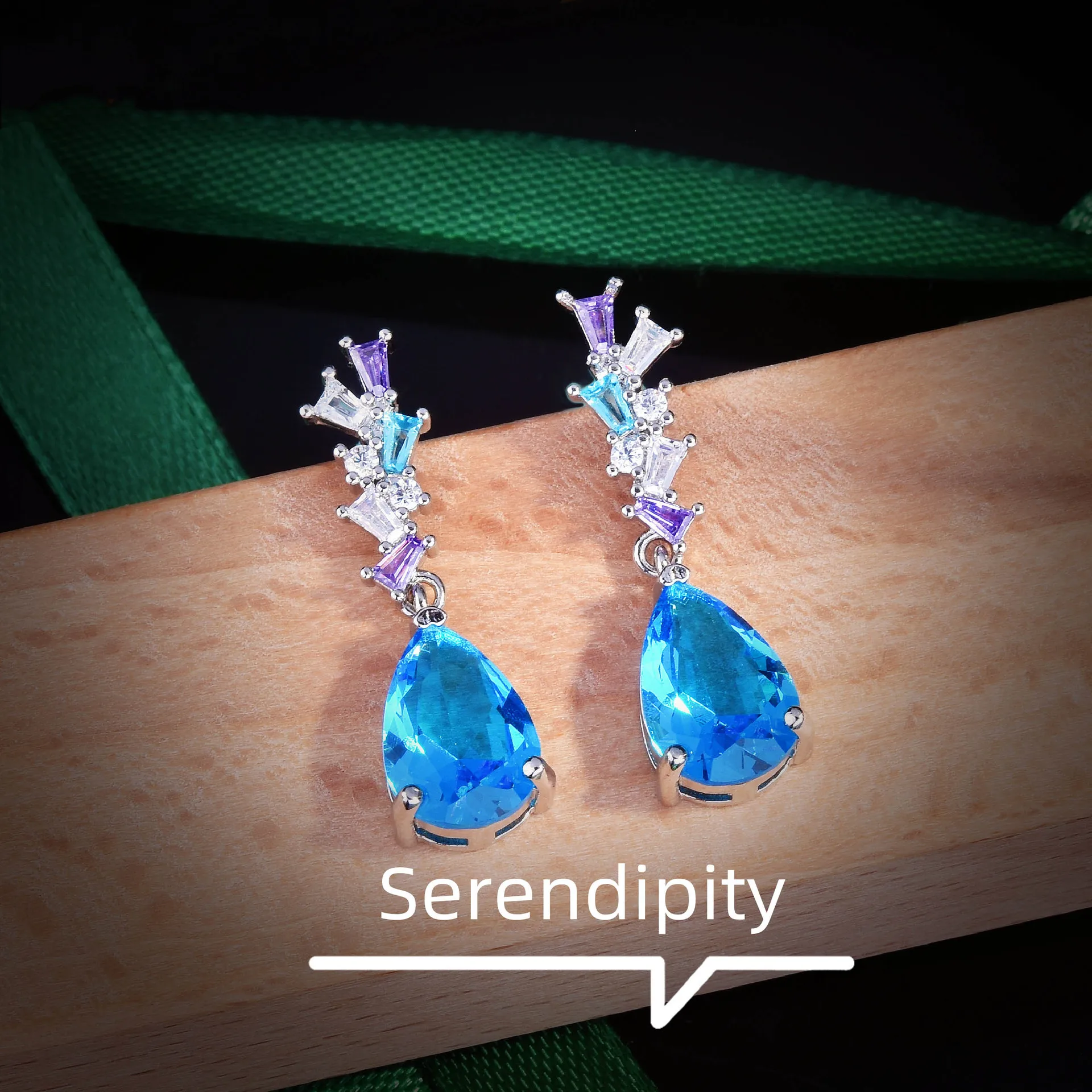 Foydjew Temperament Elegant Simulated Aquamarine Santa Maria Topaz Blue Gemstone Earrings Long Dangle Earring For Women