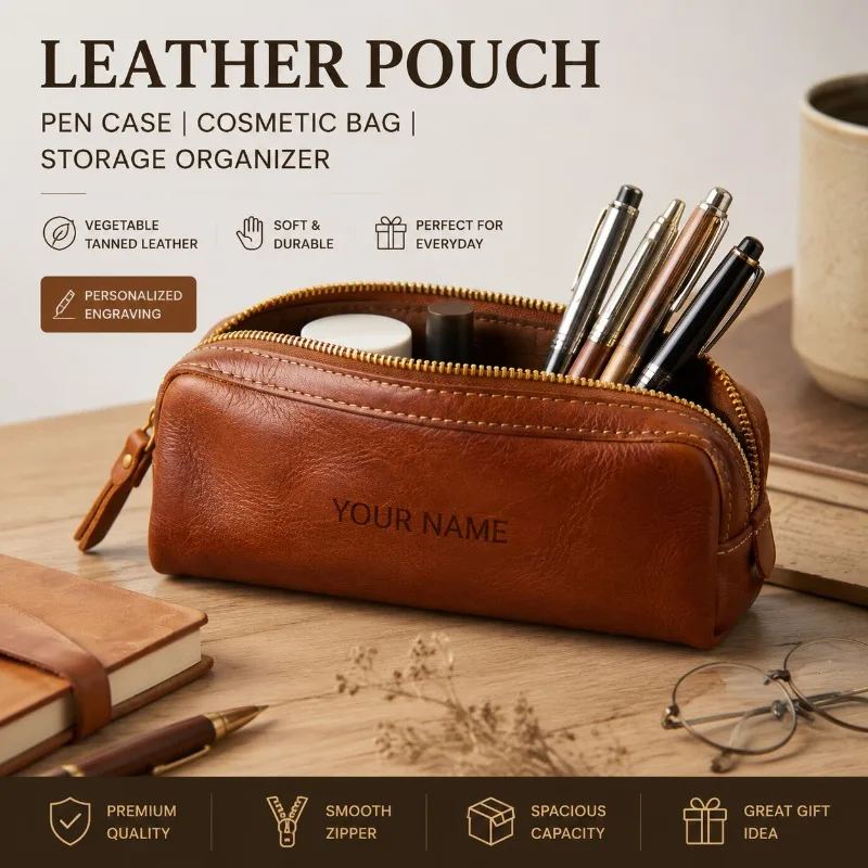 Vintage Vegetable Tanned Leather Pencil Case Large Capacity Retro Cowhide Cosmetic Makeup Bag Multi-functional Organizer Pouch