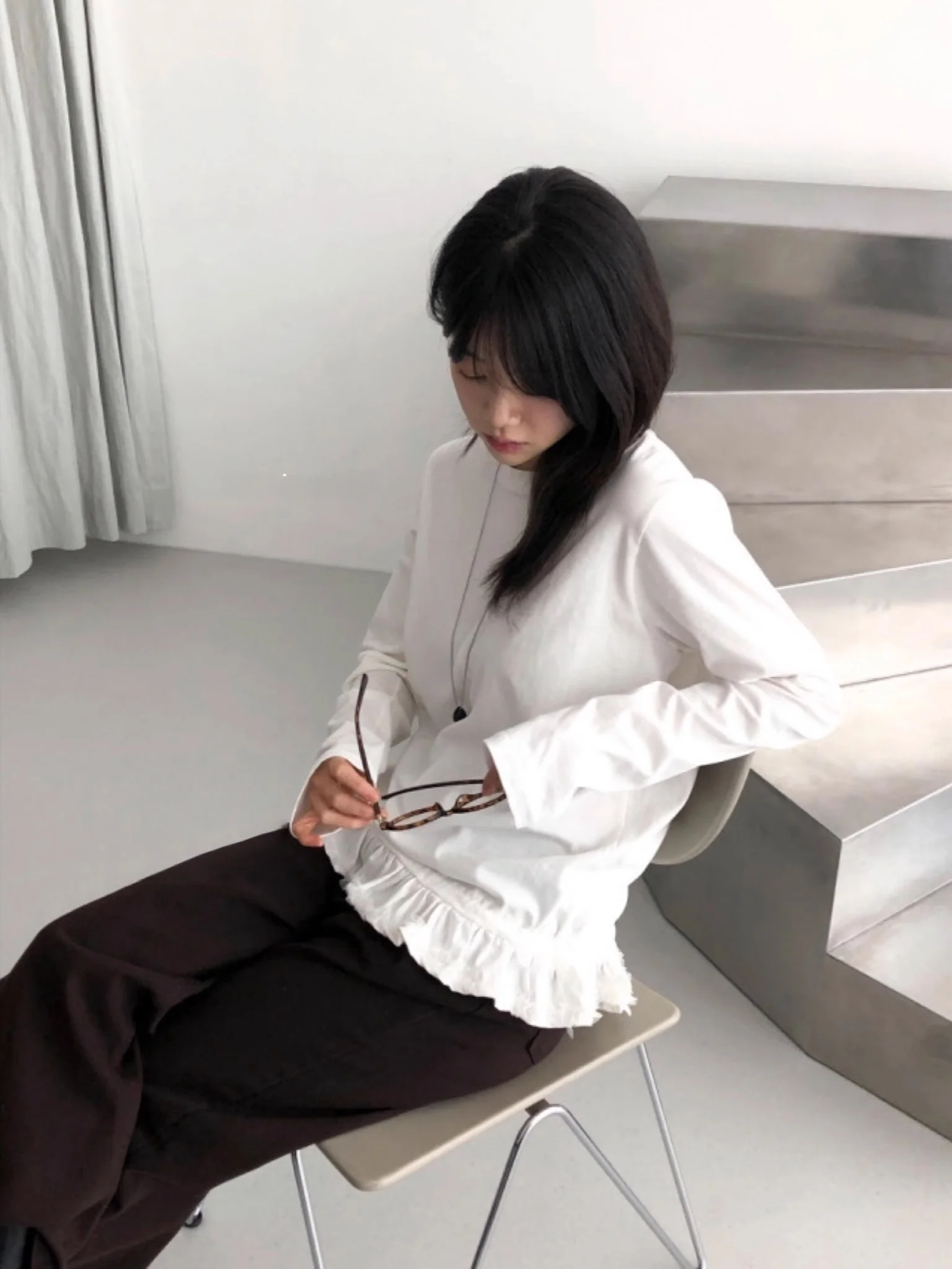 

Повседневная футболка Sle Long Sve, женская футболка с милым кружевным подолом, базовый слой, универсальный SEI, корейский модный простой топ Ele Base Top