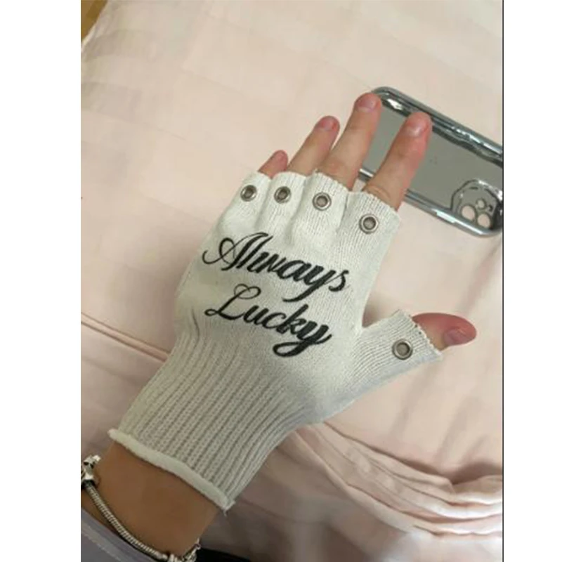 Y2K Retro Harajuku Printed Fingerless Gloves - High Street Knitted Touchscreen Gloves 2000 Fashion Edition