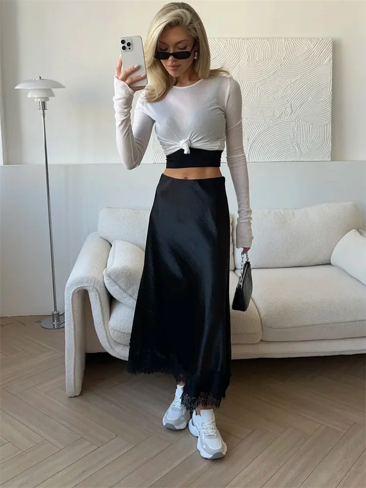 

Tossy Spring Lace Patchwork Long Skirt Female Elegant High Waist Slim Casual Satin Commute Printed Maxi Skirt Women's Clothes