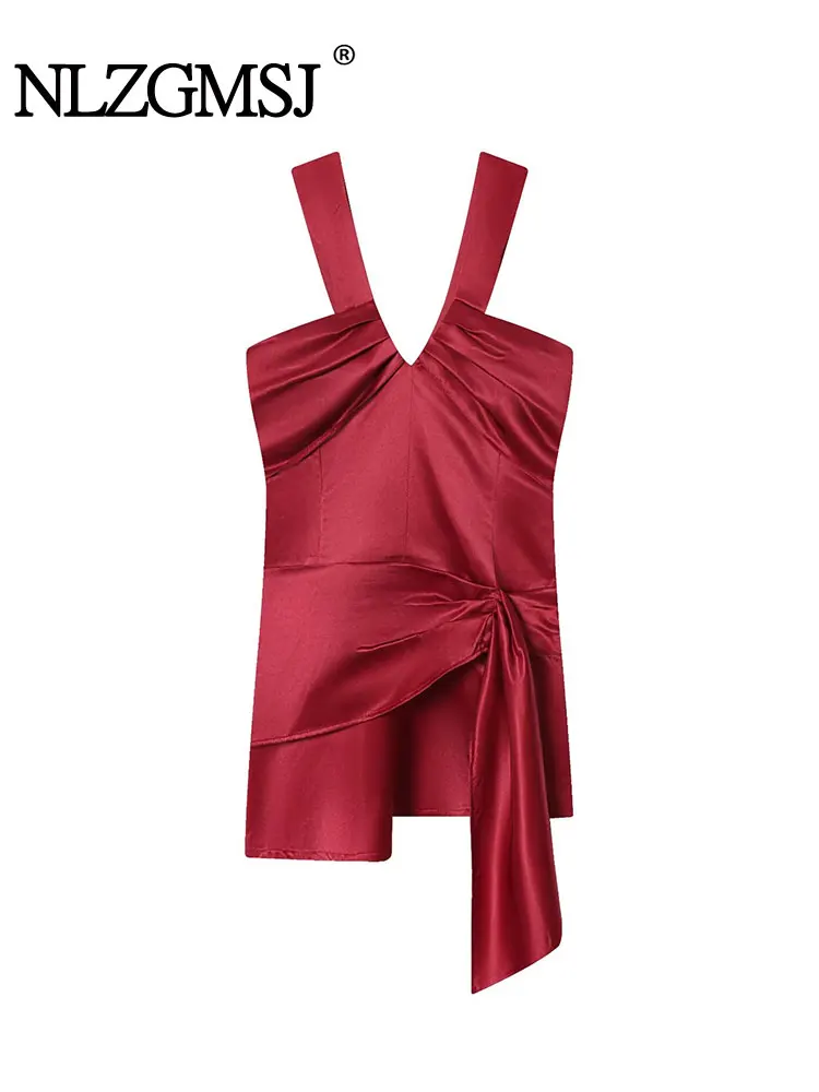 NLZGMSJ 2026 섹시 시크 여성 드레스 리본 민소매 스트레이트 미니 캐미 드레스 패션 휴가 파티 드레스